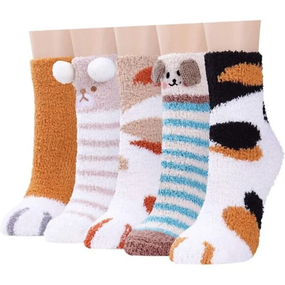 Women’s Plush Slipper Socks 5-Pair Warm Fuzzy Cozy Cat Dog Paw Size 6-10